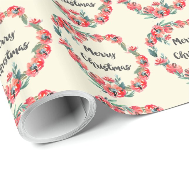 Papier Cadeau Joyeux Noël Rouge Floral Aquarelle Wreath (Coin rond)