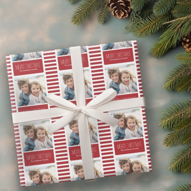 Papier Cadeau Joyeux Noël Rouge moderne photo (Personalized wrapping paper with 1 photo)