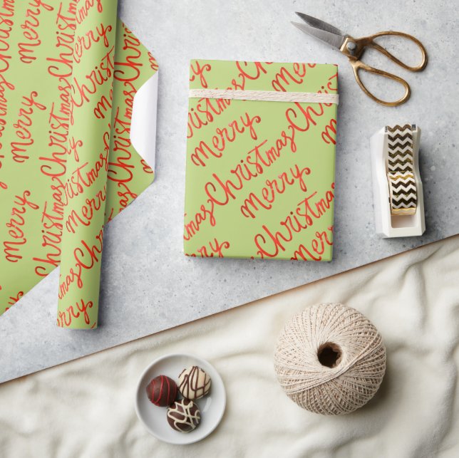 Papier Cadeau Joyeux Noël Rouge Vert Calligraphie Manuscrite (Artisanat)