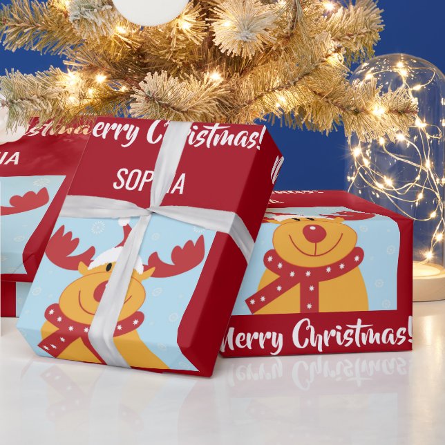 Papier Cadeau Joyeux Noël Rudolph Reindeer Personnaliser le nom (Vacances)