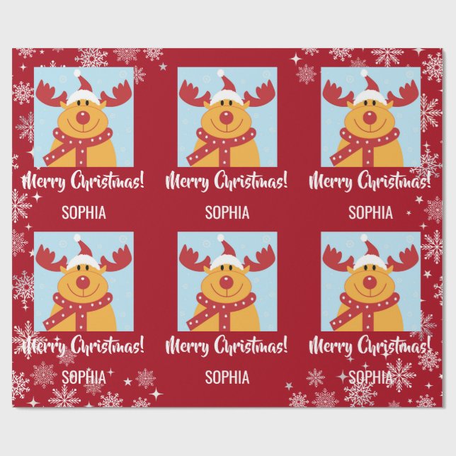 Papier Cadeau Joyeux Noël Rudolph Reindeer Personnaliser le nom (Plat)