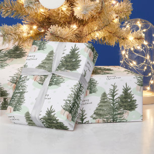 Papier Cadeau Joyeux Noël Sapins Verts et Cadeaux