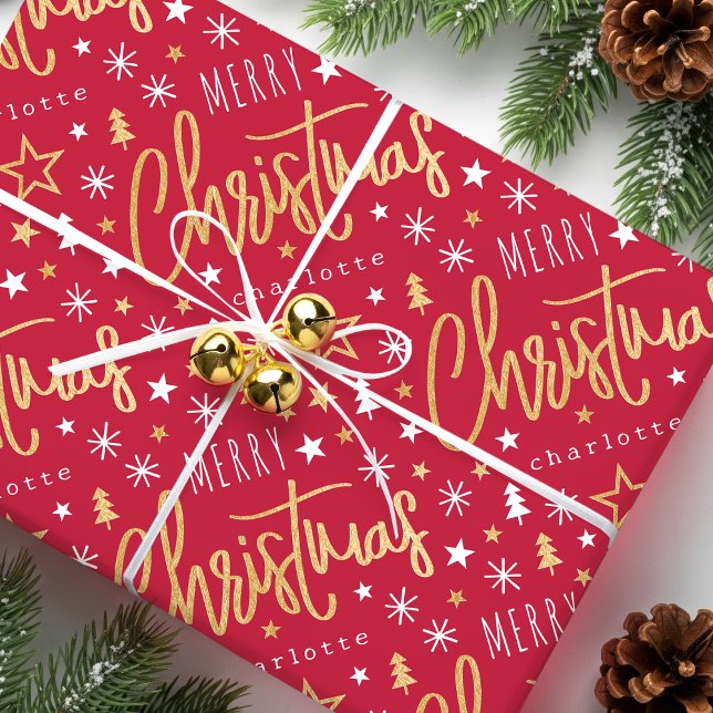 Papier Cadeau Joyeux Noël Script Nom personnalisé Red Faux Gold (Créateur téléchargé)