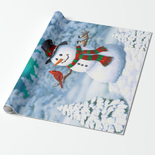 Papier Cadeau Joyeux Noël Snowman & Birds Winter Scene