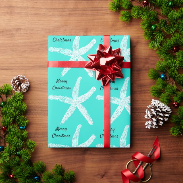 Papier Cadeau Joyeux Noël Starfish Motifs Turquoise Blue Beach (Cadeau de vacances)