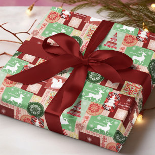 Papier Cadeau Joyeux Noël Tartan Patchwork Rouge Vert