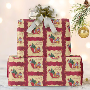 Papier Cadeau Joyeux Noël Traîneau à Rayures Rouges