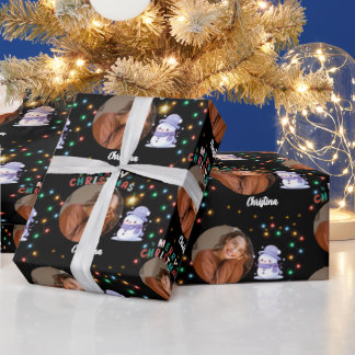 Papier Cadeau Joyeux Noël un cercle photo et nom bonhomme de nei