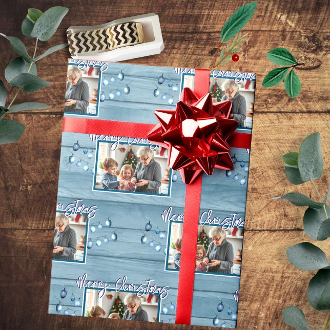 Papier Cadeau Joyeux Noël Une photo de famille Bois rustique (Créateur téléchargé)