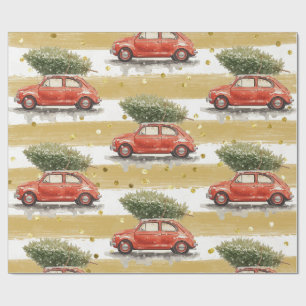 Papier Cadeau Joyeux Noël voiture rouge avec sapin de Noël Embal