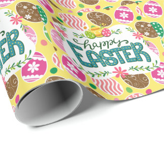 Papier Cadeau Joyeux OEufs de Pâques colorés Motif Jaune de Pâqu