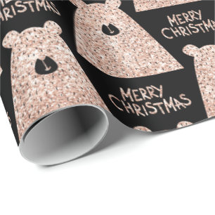 Papier Cadeau Joyeux Ours de Noël Rose noire Parties scintillant