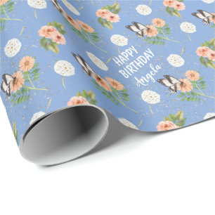 Papier Cadeau Joyeux papillon d'anniversaire Floral Personnalisé