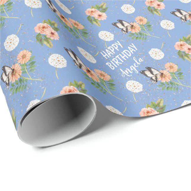 Papier Cadeau Joyeux papillon d'anniversaire Floral Personnalisé (Coin rond)