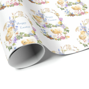 Papier Cadeau Joyeux Pâques Aquarelle Chicks Couronne Florale