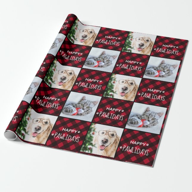 Papier Cadeau Joyeux Pawlidays Red Buffalo Plaid Custom 2 Photo (Déroulé)