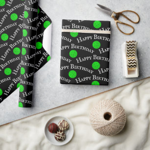 Papier Cadeau Joyeux Pickleballs Vert Anniversaire Sur Noir