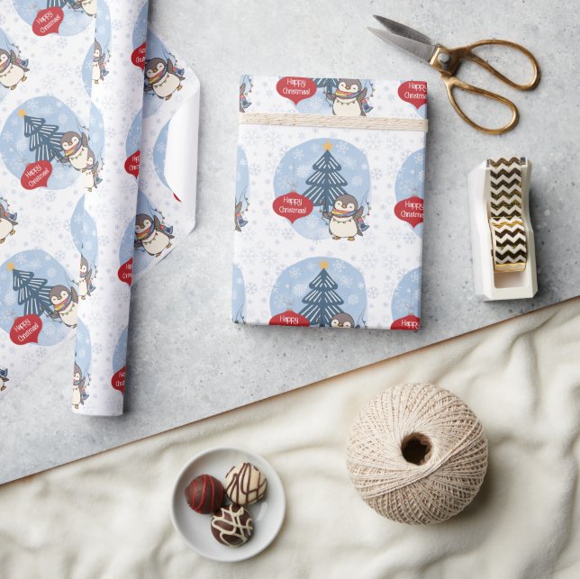 Papier Cadeau Joyeux pingouin de Noël et flocons de neige (Artisanat)