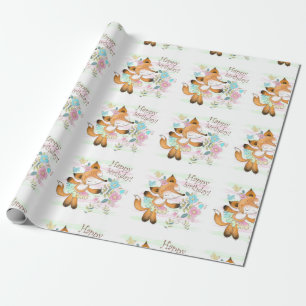 Papier Cadeau Joyeux Renard D'Anniversaire Et Fleurs
