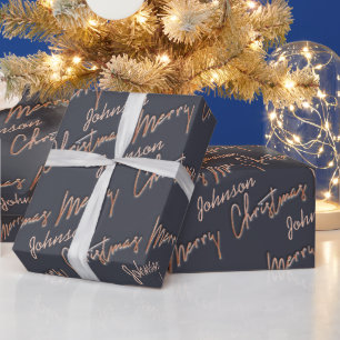 Papier Cadeau Joyeux Rose de Noël Gold Script du nom Grey 