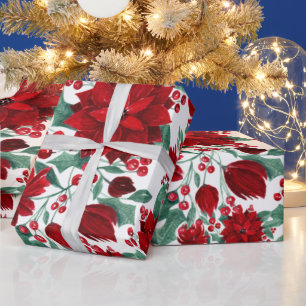 Papier Cadeau Joyeux rouge Poinsettia Fleurs Feuilles ivoire Aqu
