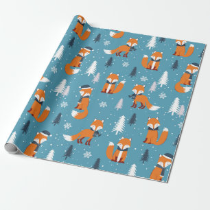 Papier Cadeau Joyeux sapin de Noël renard de neige blanc bleu