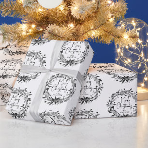 Papier Cadeau Joyeux script de couronne de Noël Nom de famille p