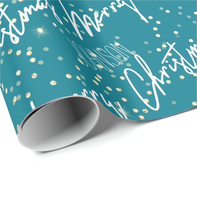 Papier Cadeau Joyeux script de Noël de Nom Gold Turquoise (Coin rond)