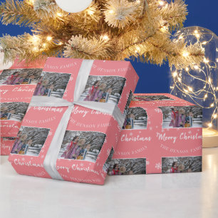 Papier Cadeau Joyeux script de Noël Pink Photo de famille