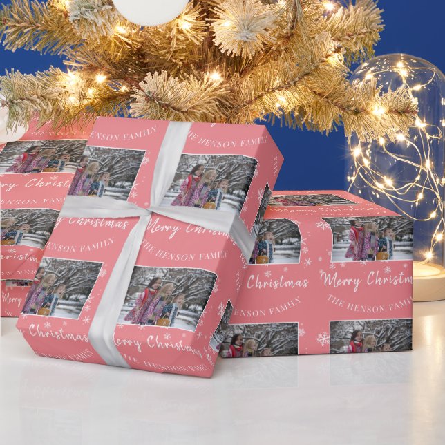 Papier Cadeau Joyeux script de Noël Pink Photo de famille (Vacances)