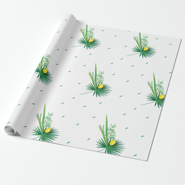 Papier Cadeau Joyeux Sukkot Lulav & Etrog Quatre Espèces Aquarel (Déroulé)