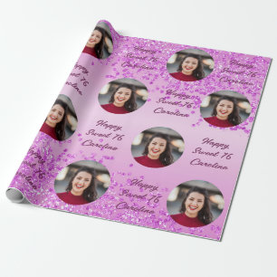 Papier Cadeau Joyeux Sweet 16 Glitter Rose en Chute & Photo