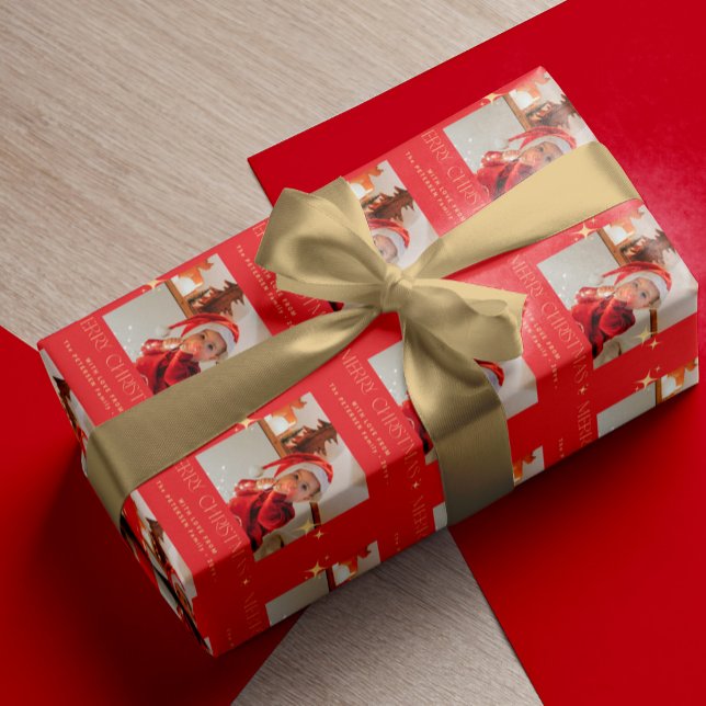 Papier Cadeau Joyeux texte photo de Noël personnalisé rouge (Créateur téléchargé)