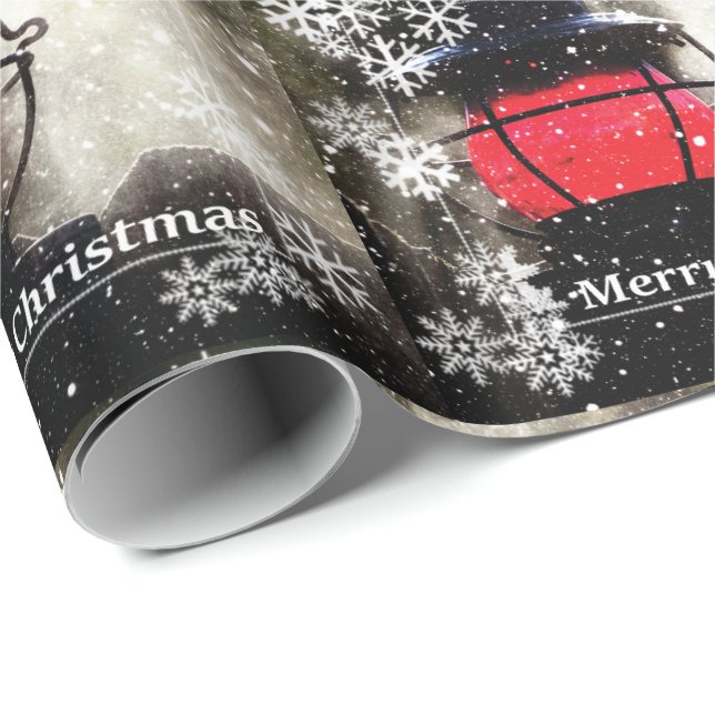 Papier Cadeau Joyeux train-lanterne Snowy de Noël (Coin rond)
