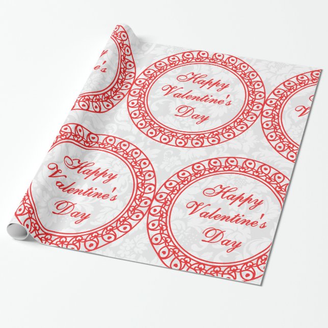 Papier Cadeau Joyeux Valentines Day Cercles rouges & dentelle (Déroulé)