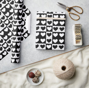 Papier Cadeau Joyeux Valentines Day Coeurs noir et blanc