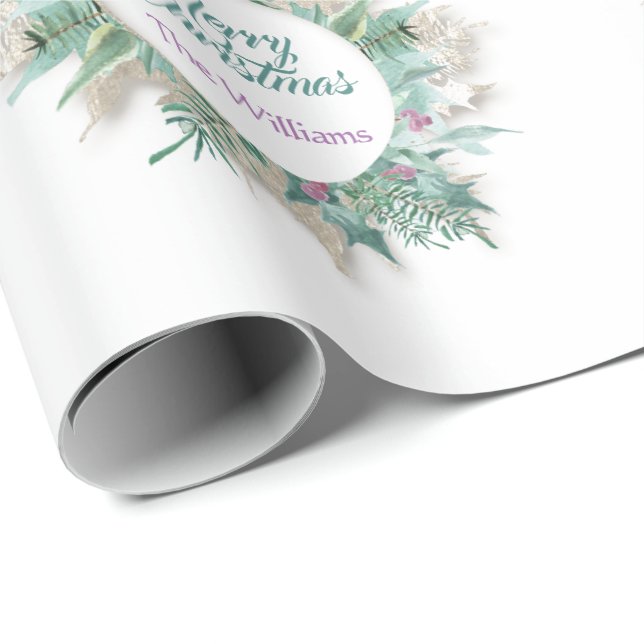 Papier Cadeau Joyeux ventre Noël Fêtes Nom de la couronne Blanc (Coin rond)