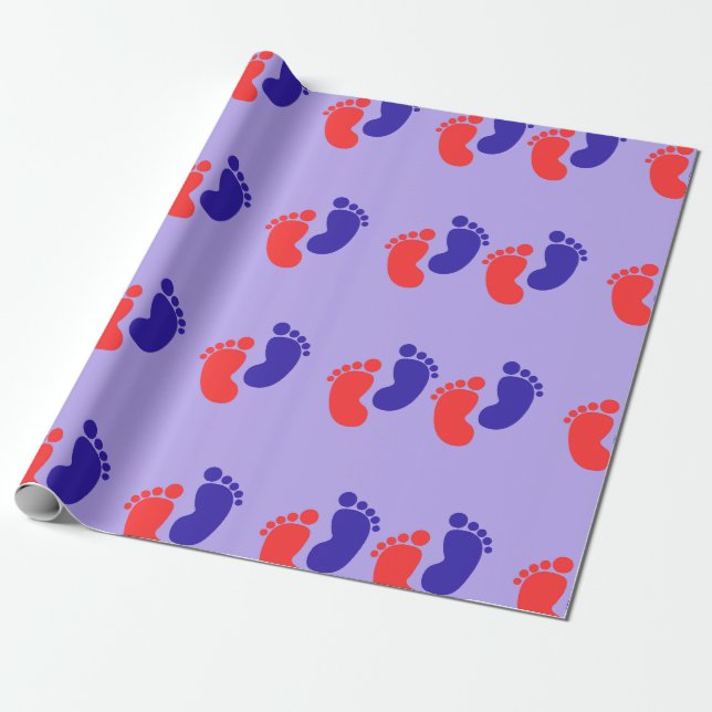 Papier Cadeau Joyful Blue Red Baby Foot Print (Déroulé)