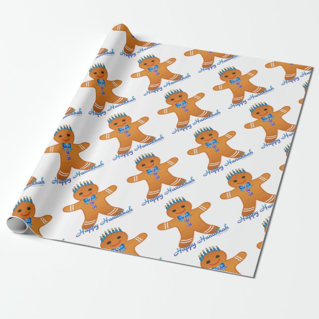 Papier Cadeau Judaïque Hanoukka Gingerbread Homme Menorah (Déroulé)