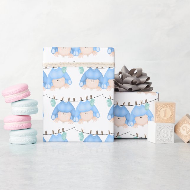 Papier Cadeau Jumeaux Garçons Sur Clothesline (Baby Shower)