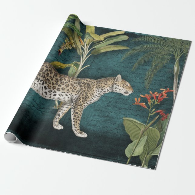Papier Cadeau Jungle Leopard Tropical Floral Turquoise Blue Deco (Déroulé)
