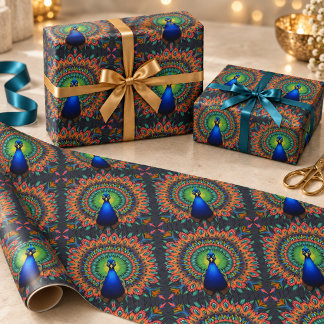 Papier Cadeau Kaleidoscope à motif vibrant de plume de paon