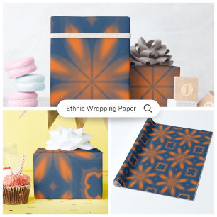 Papier Cadeau kaléidoscope floral Abstrait bleu foncé orange