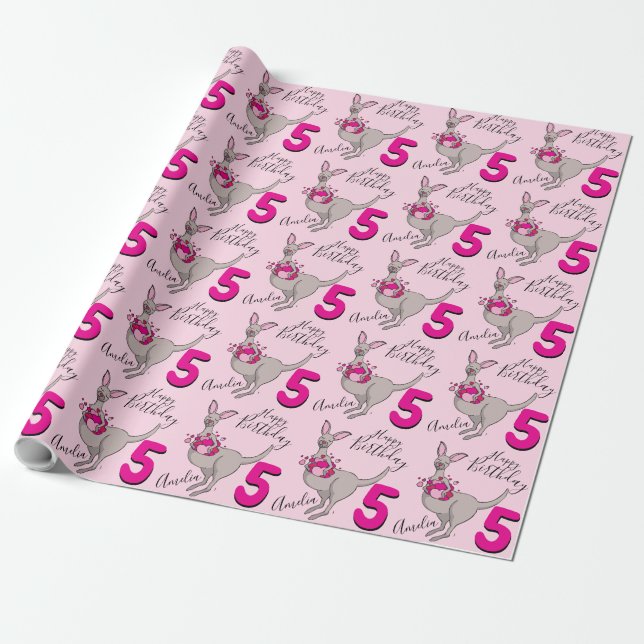 Papier Cadeau Kangaroo filles 5e anniversaire nom emballage rose (Déroulé)