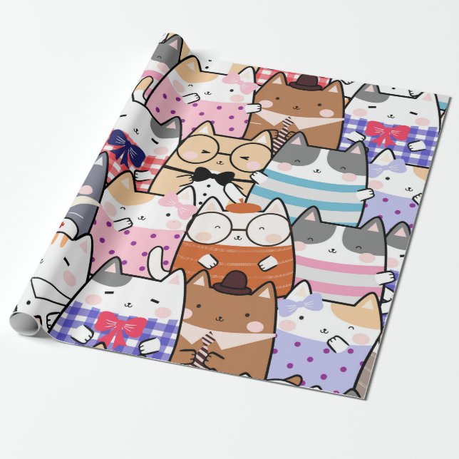 Papier Cadeau Kawaii Cute Cats Motif sans couture (Déroulé)