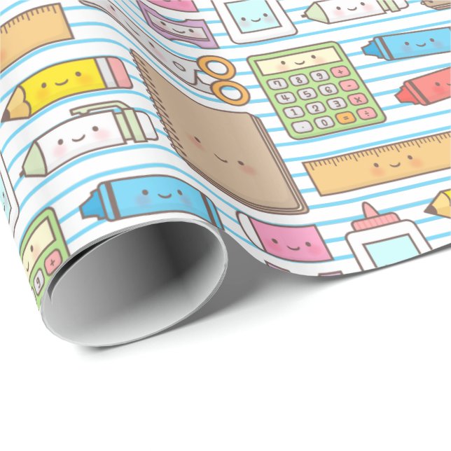 Papier Cadeau Kawaii de nouveau au motif de fournitures (Coin rond)