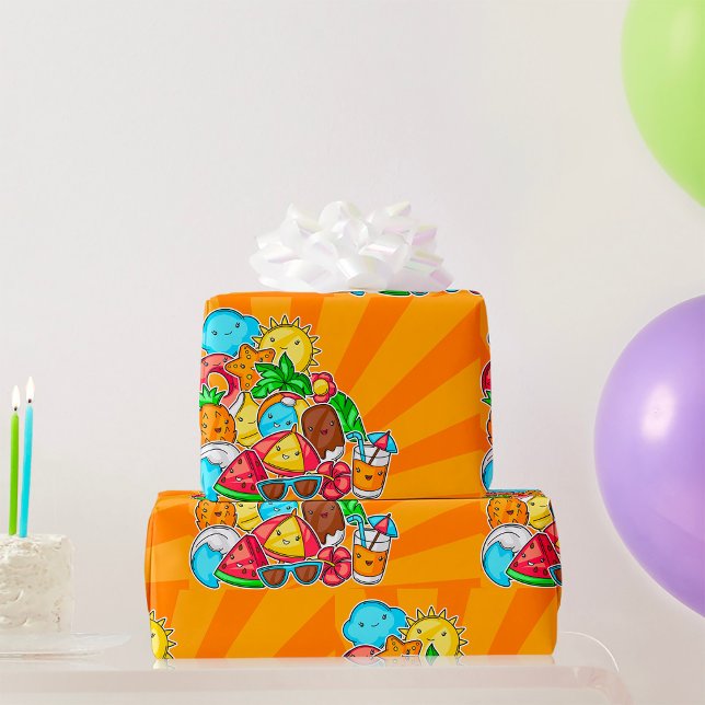 Papier Cadeau Kawaii Dessins Estivaux Plage Ensoleillée et Tropi (Créateur téléchargé)