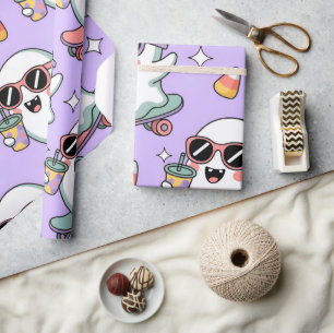 Papier Cadeau Kawaii Ghost Bubble Tea Motif -Cute Pastel Ghost