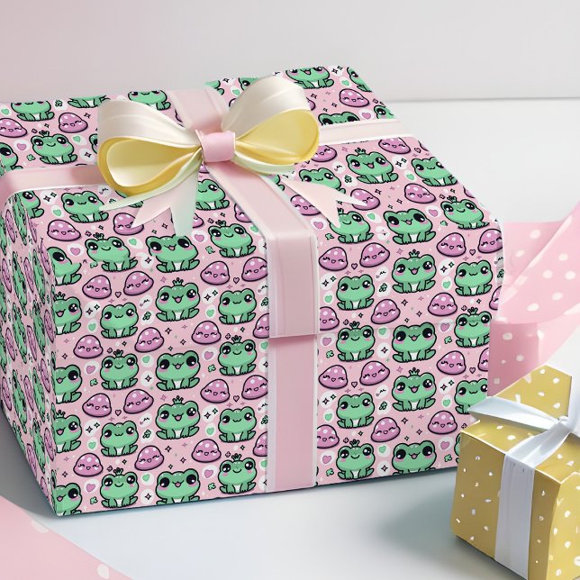 Papier Cadeau Kawaii Grenouille Princesse Rose & Vert Bébé Fille (Cute frog princess little girl wrapping paper in pink and green)