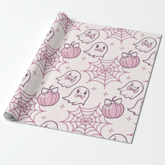 Papier Cadeau Kawaii Halloween rose Fantômes et Citrouille